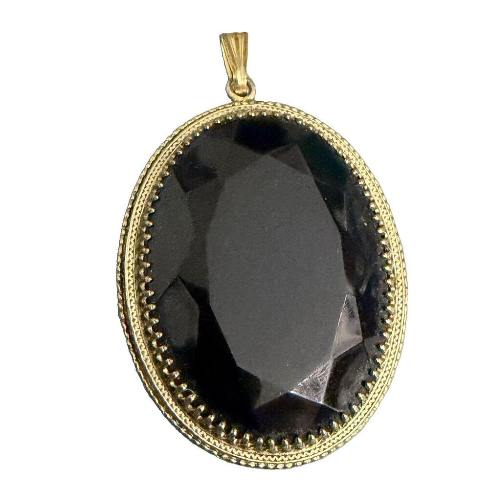 Vintage Large Oval Faceted Black Glass Gold Tone Pendant Gothic Costume